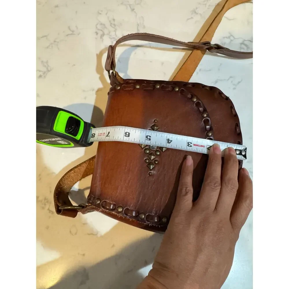 VINTAGE Leather Crossbody Bag Small Brown Handmade Studs Jewels Stitched